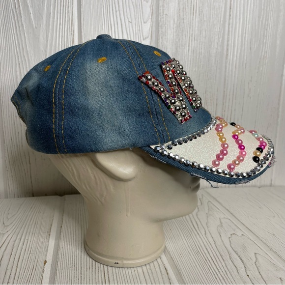 YMF Las Vegas Denim Cap Hat Bedazzled Pearls Distressed Adjustable - Picture 5 of 8